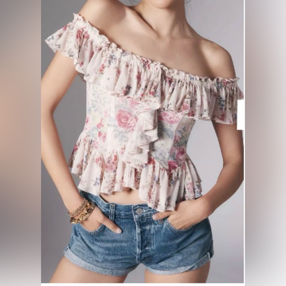Anthropologie Floral Ruffle Blouse